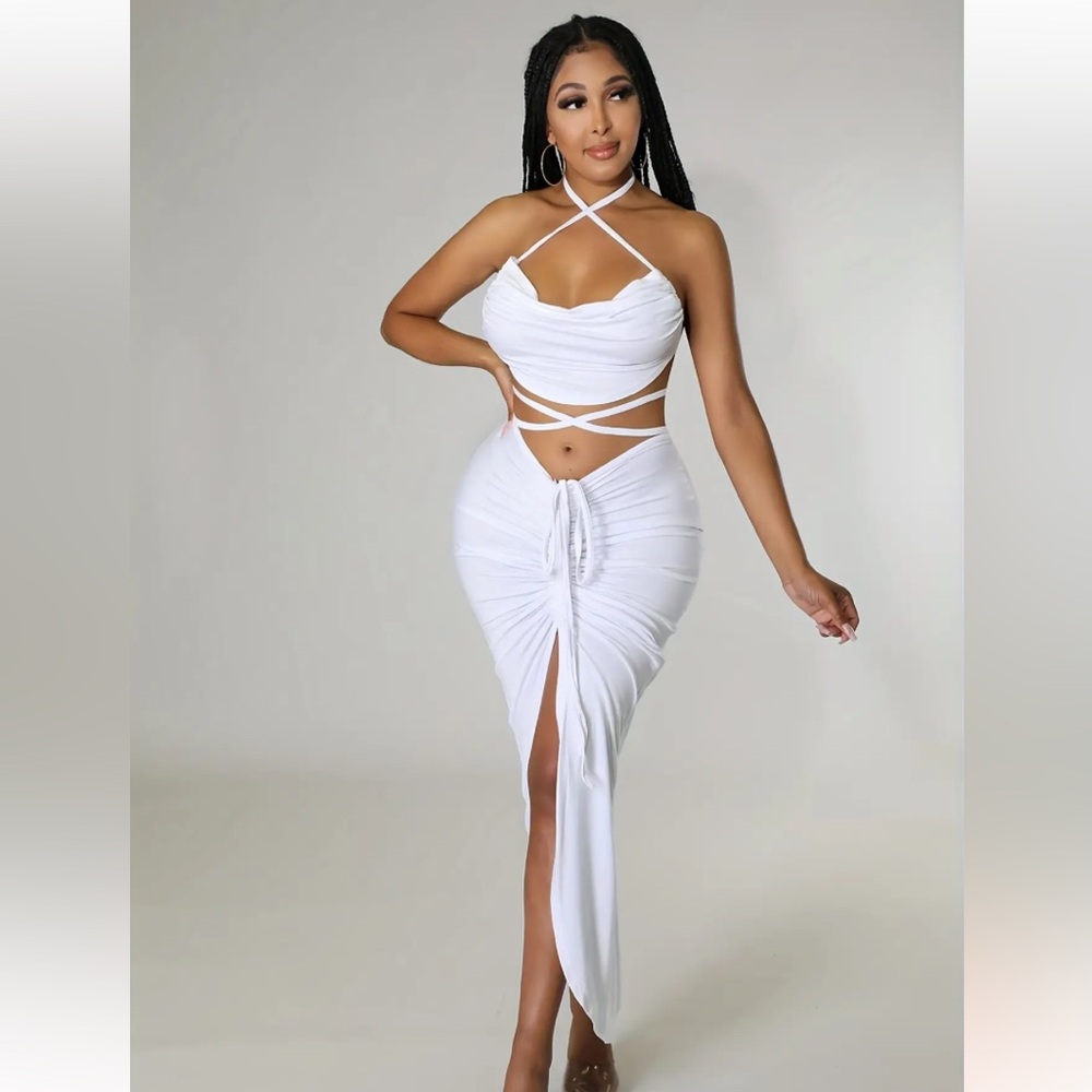 2 Piece Ruched Drawstring Halter Top & Maxi Skirt